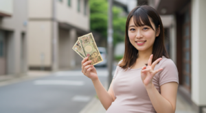 手にお金を持つ妊婦