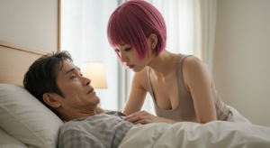 寝込む男性を看病するセクシーなピンク髪女性