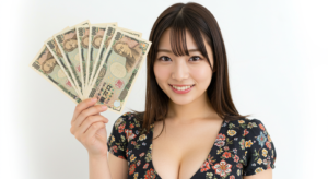 巨乳の女性がお金を広げて持っている