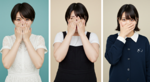 手で顔を隠す3人の女性