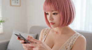 巨乳の女性がスマホを操作している