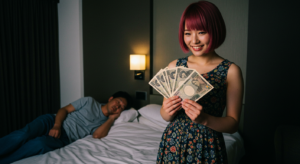 ベッドで寝ている男性とお金を広げて持つ女性