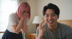 笑顔の男性と嫌がる風俗嬢