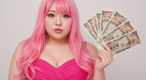 ぽっちゃり風俗嬢がお金を広げて持つ