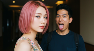風俗嬢と舌を出す男性