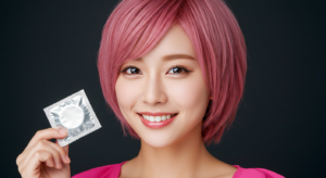 コンドームを手に持つ風俗嬢
