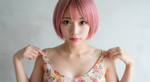 肩のワンピースをつまむ風俗嬢