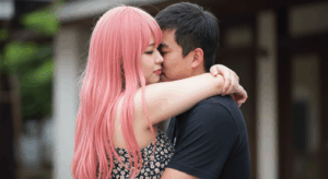男性と抱き合う不細工な風俗嬢